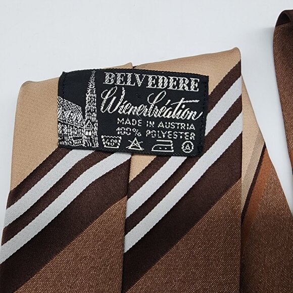 1970s Necktie Belvedere Wiener Creation Stripe Brown White Austria 4" W 52.5" L - Picture 5 of 5